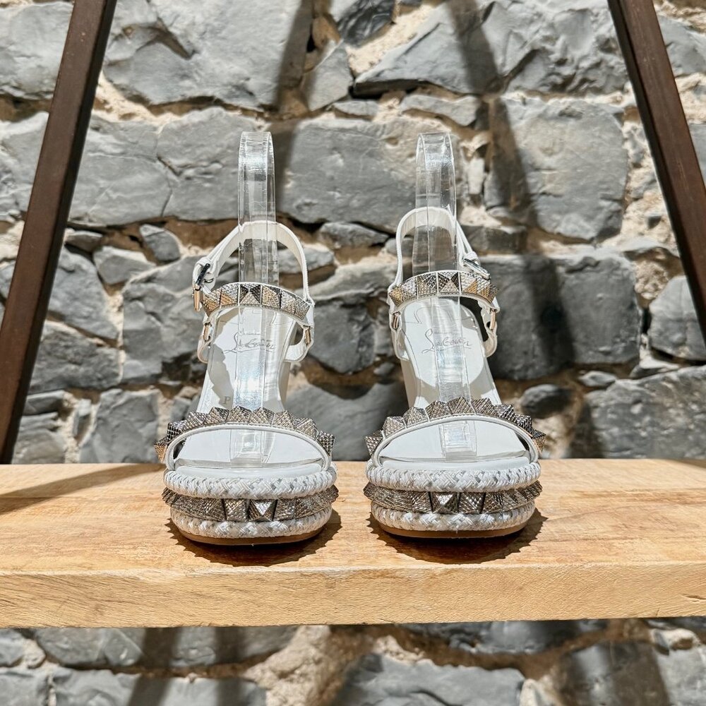 Christian Louboutin White Leather Studded Pyraclou Wedge 110 Sandals - Picture 3 of 15